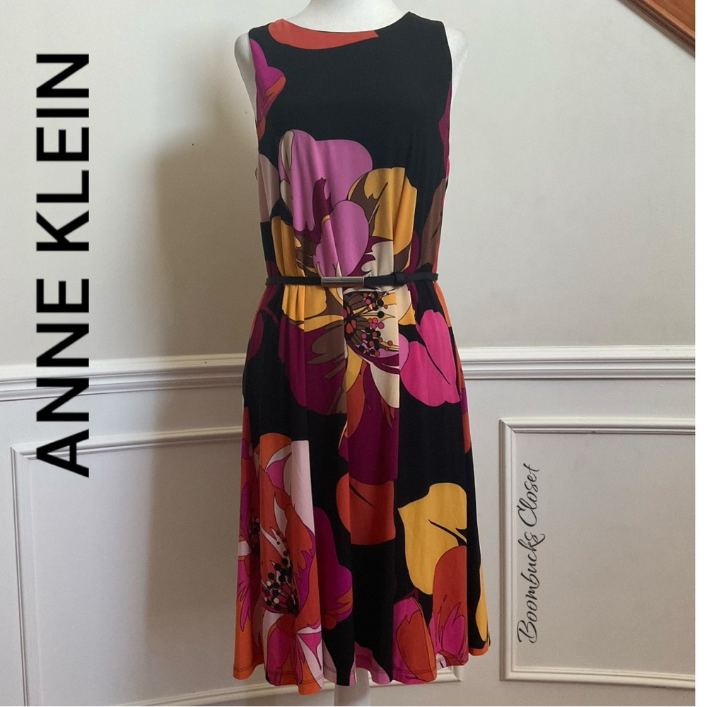 Anne Klein A line dress Multicolor Floral Dress, Psychedelic Pop Color Medium